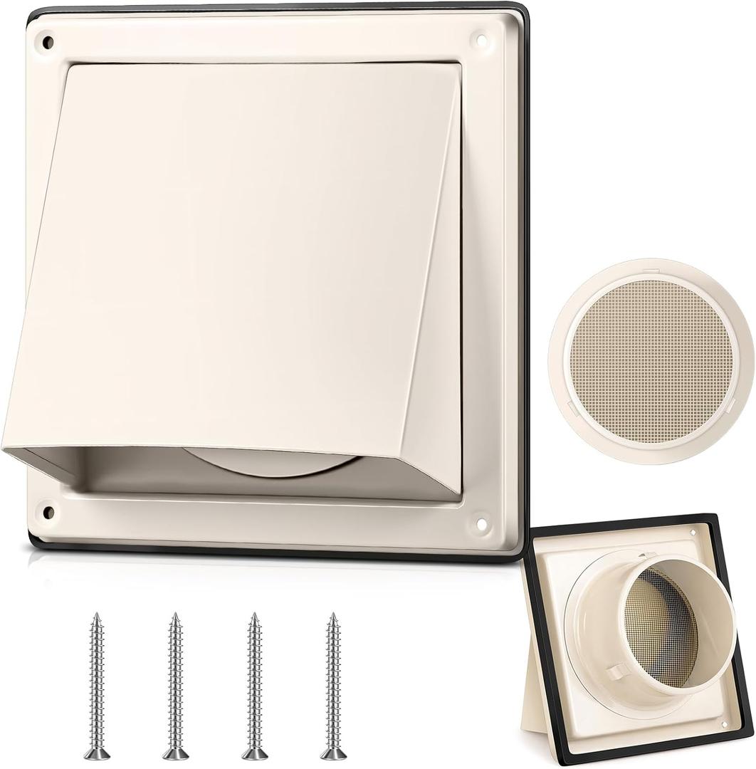 Gisafai 4 Inch Dryer Vent Cover Outdoor with Stainless Steel Screen Tan Wall Dryer Exhaust Vent Cover External Cap Cushioned Non Return Flap with Sealing Gasket Grille, Bird/Insect Proof