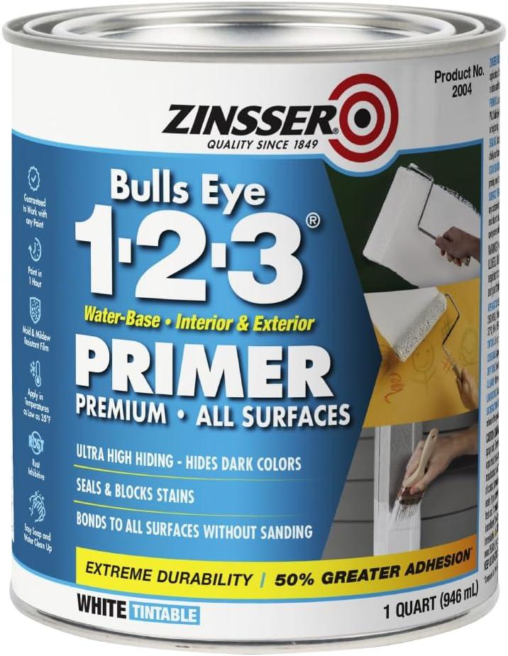Rust-Oleum ZINSSER 1 qt 02004 White, Bulls Eye 1-2-3 Water-Based Stain Blocking Primer/Sealer (32 Fl Oz (Pack of 1), White)