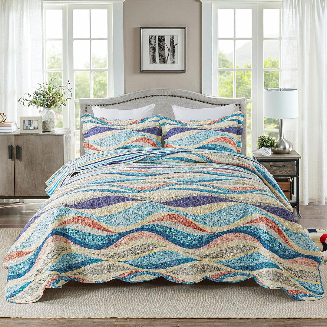 HoneiLife Coastal Quilt Sets Queen - 3 Pieces Beach Quilt Sets Ocean Bedspreads Lightweight Coverlets Nautical Bed Cover All Season Quilts  Queen/Full-90"x 96", Orange-flowing Sands