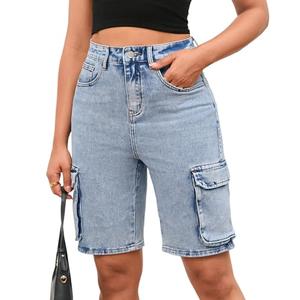 YEXPINE Women's Demin Cargo Shorts High Waisted Straight Leg Casual Jean Bermuda Shorts with Pockets Light Blue, 14