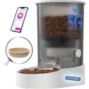 PAPIFEED Automatic Cat Feeder, 4L Auto Dog Cat Feeder with Rechargeable Battery & Dual-Band WiFi (2.4G & 5G), Automatic Pet Food Dispenser for Outdoor Travel Home - Ceramic Bowl Included (White)