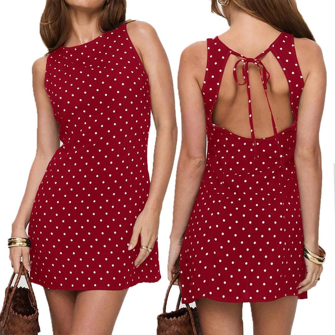 LOFAAC Women Sexy Polka Dots Tie Back Mini Dress Y2K Slim Fit Sleeveless Crew Neck Backless Going Out Short Dress (Large, Red)
