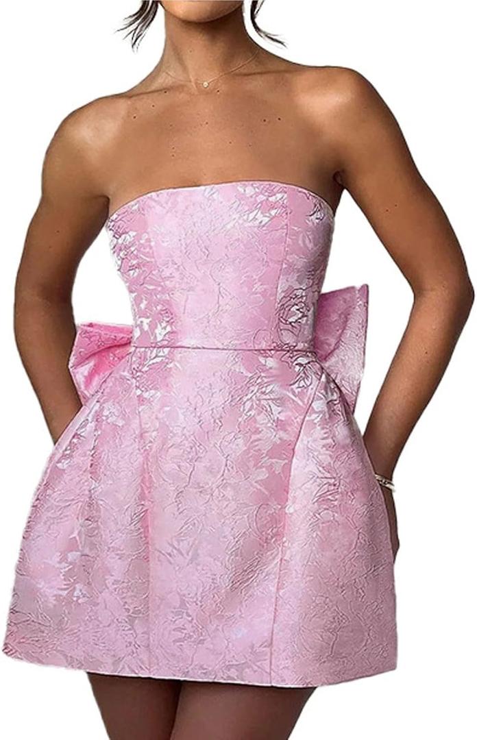 BNGD Women's Solid Color Bustier Backless Bow Dress Sexy Jacquard Strappy Mini Skirt (Small, Pink)