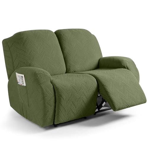Ruaozz Recliner Loveseat Covers 2 Pieces Recliner Sofa Covers with Pockets Stretch Reclining Couch Slipcover Washable Furniture Protector with Elastic Bottom (2 Seater, Army Green)