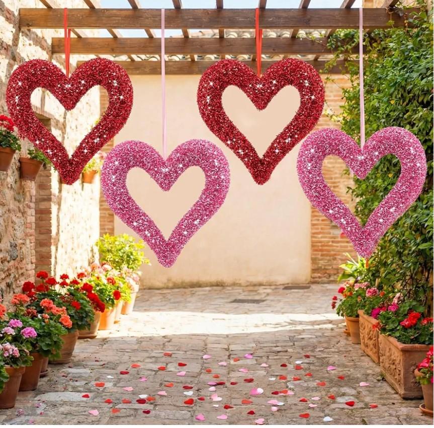 Thyle 4 Pcs 12 Inch Valentine's Day Large Heart Ornaments for Tree 3D Glitter Foam Heart Wreaths Romantic Valentines Outdoor Decorations for Anniversary Wedding Party Wall Window Front Door Decor