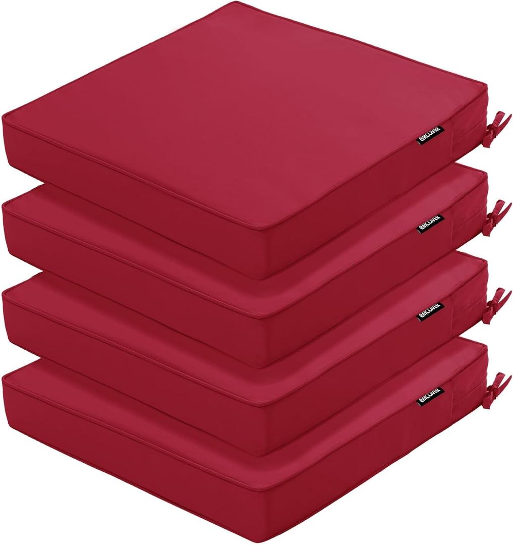 Outdoor Chair Cushions 16 x 17 Inch, Set of 4, Waterproof Patio Chair Cushions with Tie 5 Year Color Fastness Thick Outdoor Seat Cushion for Garden Lawn Patio Furniture Burgundy (17*16*2 Inch (Square))