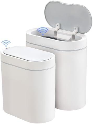 ELPHECO 2 Pack Bathroom Motion Sensor Trash can 2.5 Gallon + 2 Gallon Automatic Garbage Can, Slim Plastic Smart Trash Bin with Lid, Garbage can for Bathroom, Kitchen, Office, White, 2 Pack