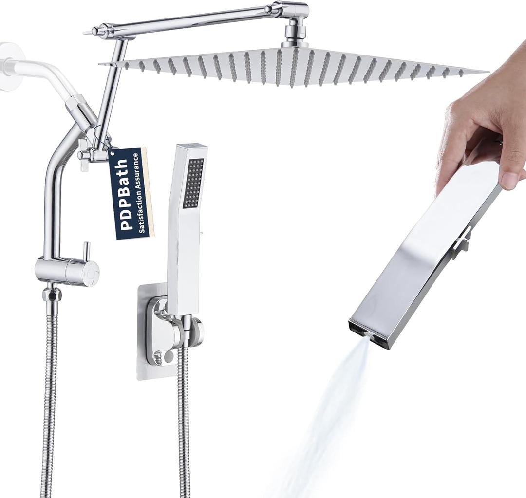 PDPBath All Metal 12'' Rainfall Shower Head with Handheld Combo, Upgrade 3-Way Diverter with Pause Setting, High Pressure Rain Shower Head with 16'' Adjustable Extension Arm, 59" Hose, Chrome