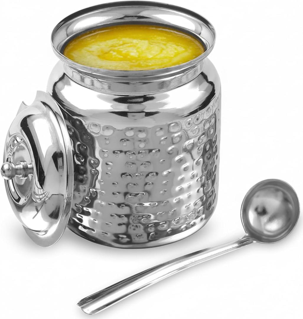 Stainless Steel Hammered Oil and Ghee Container for Kitchen I Multipurpose Oil Container with Lid I Capacity of 17 oz