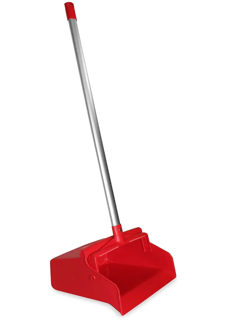 SPARTA Upright Dustpan with Aluminum Handle, Serrated Edge for Broom Combing, Secure Yoke Lock with Easy Storage Hanging Hole for Commercial Cleaning, Plastic, 30 Inches, Red Pack of 6