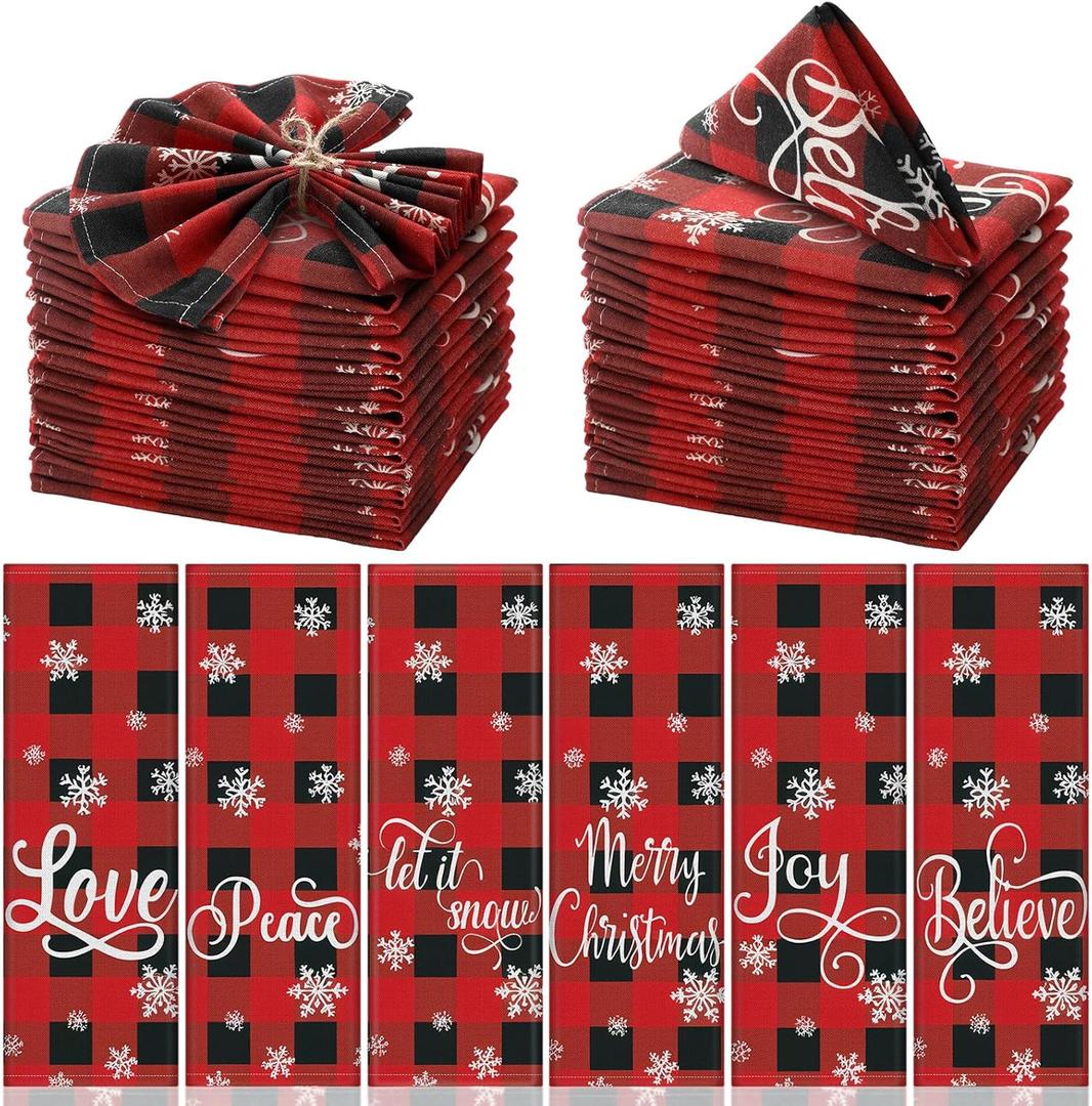 24 Pcs Christmas Plaid Cloth Napkins Buffalo Gingham 15 x 15 Inches Snowflakes Black and Red Checked Cotton Dinner Napkins Soft Absorbent Washable for Holiday Winter Xmas Party