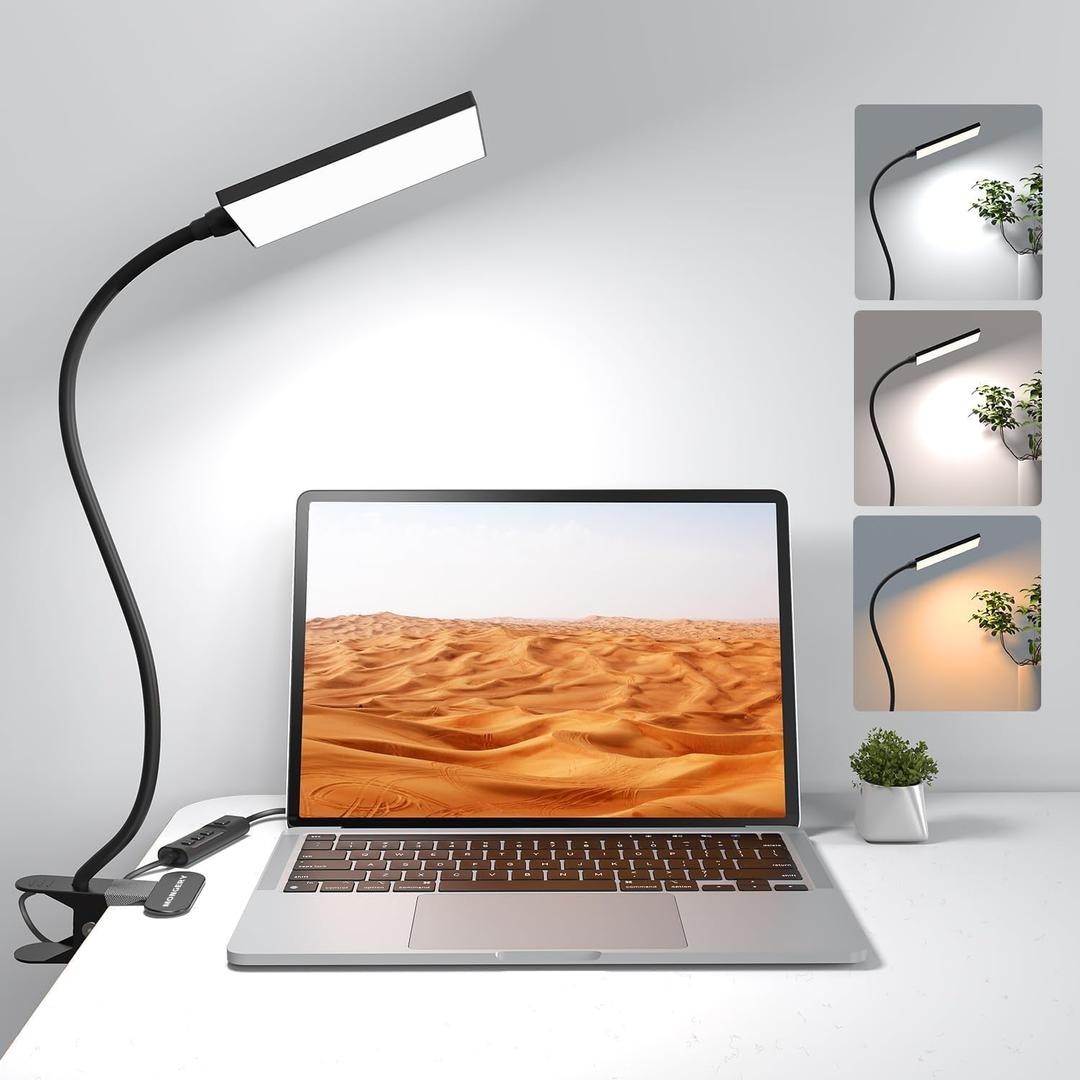LED Desk Lamp with Clamp for Home Office, Dimmable Clip on Desk Light with USB Port, 3 Color Modes, 11 Brightness Flexible Reading Lamp for Studying Working, Black