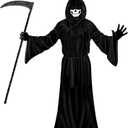 Grim Reaper Costume Set for Mens & Adults, Halloween Scary Ghost Phantom Cosplay Masquerade Tunic Robe with Scythe & Gloves & Hood for Age 14+