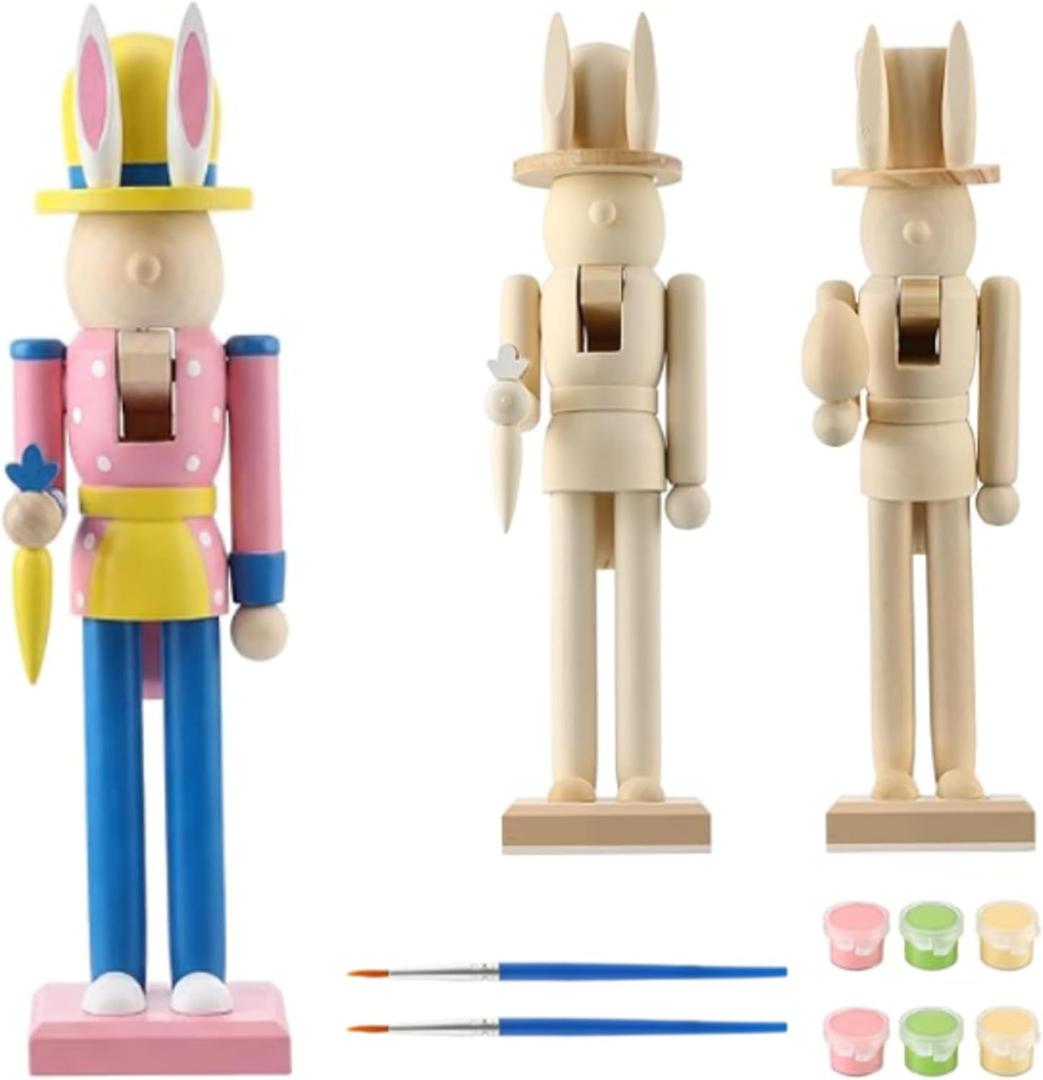 2 Pcs 12" Easter Wooden Nutcracker to Paint Unfinished Nutcracker Bunny Figures Statues Ornaments DIY with Brush Paint for Easter Spring Paintable Gifts Table Desktop Fireplace Decor