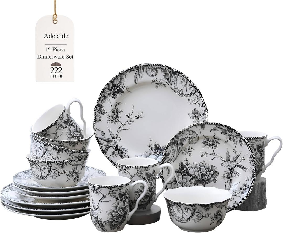 222 Fifth Adelaide 16-Piece Black Porcelain Dinnerware Set  Service for 4, Featuring Hand-Applied Romantic Woodland Bird Design, for Everyday Dining & Entertainment, Microwave & Dishwasher Safe