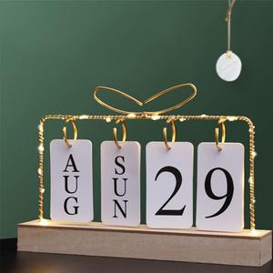 Flip Wooden Perpetual Calendar Gold Metal Stand with Paper Monthly Daily Calendar with Light For Daily Office Home Decor Reusable Office Accessory