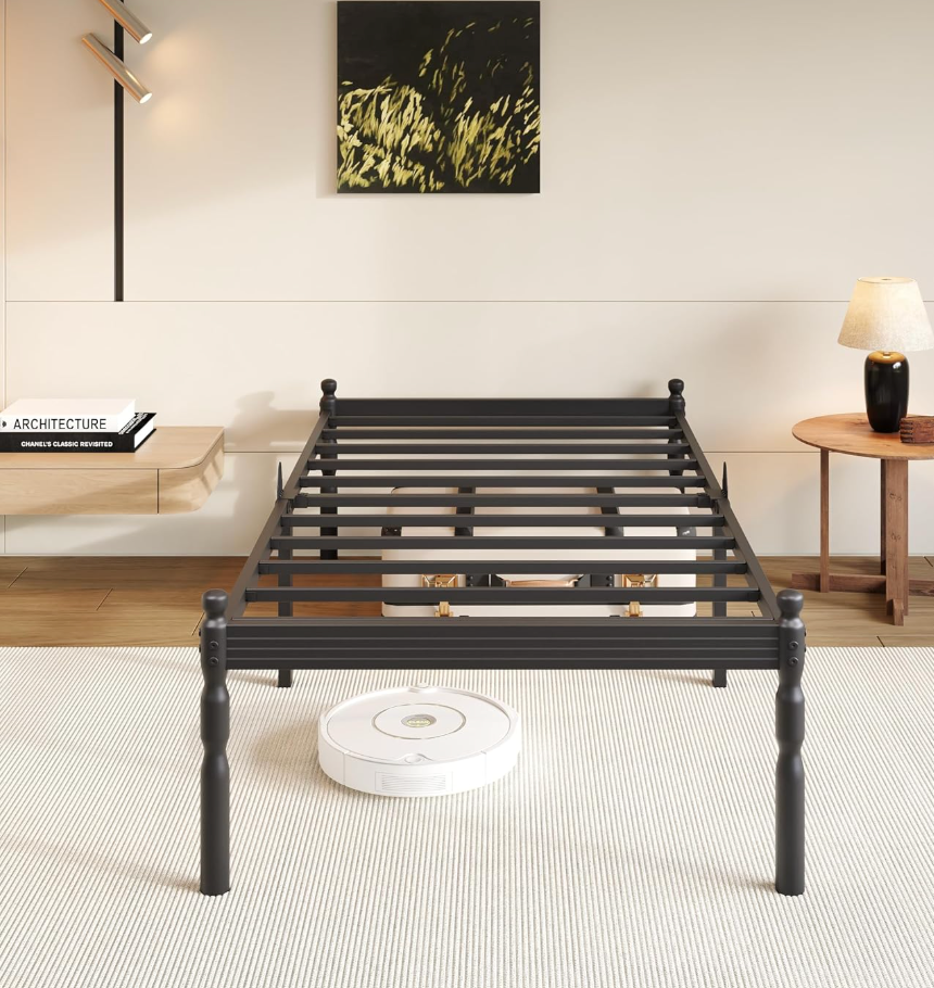 COMASACH 18 Inch Twin Bed Frame with Mattress Slide Stopper, Twin Platform Bed Frame, Vintage Style, Heavy Duty Steel Slats, No Box Spring Needed