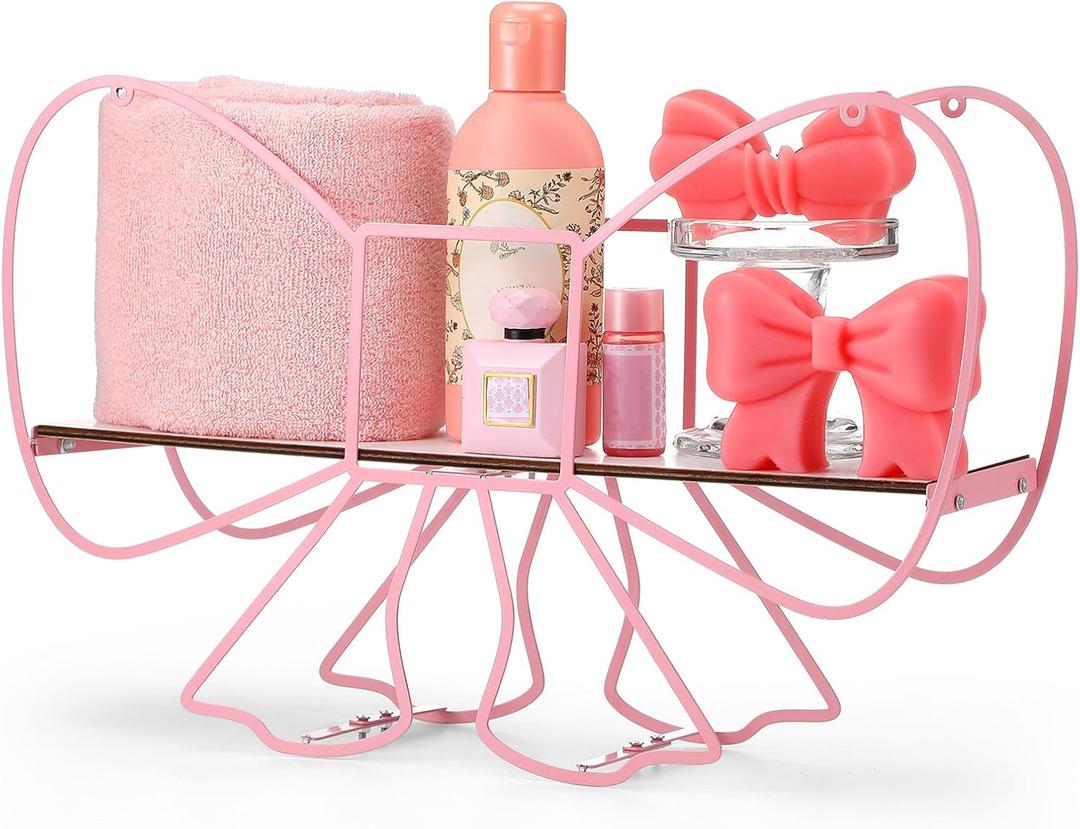 Pink Bow Bathroom Decor Pink Bow Floating Shelves Storage Shelves Metal Coquettish Bathroom Wall Decoration Cute Wall Decor for Women Girls Bedroom Living Room Home