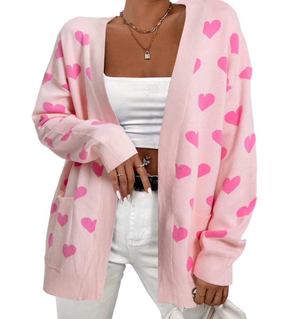 Heart Cardigan Sweater for Women Oversized Valentine Cardigan Cute Love Print Open Front Knit Sweaters Coat with Pockets, Size M