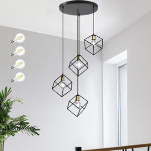 4-Light Long Pendant Light,Modern Large Foyer Chandelier,Black Metal Cage,78" Long Light Fixture for High Ceilings Entryway Foyer Staircase,LED Bulbs Included