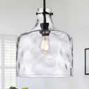 12" Farmhouse Pendant Light, Hand-Blown Clear Hammered Glass Hanging Ceiling Light Fixture with Black Finish and Adjustable Chain, Modern Rustic Lighting for Kitchen Island, Dining Room, E26 Socket
