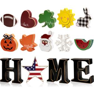 Interchangeable Home Table Signs with 11Pcs Seasonal Icons, Wooden "HOME" Letter Signs Interchangeable Holiday Decorative Table Centerpiece Shelf Sign for Holiday Decoration