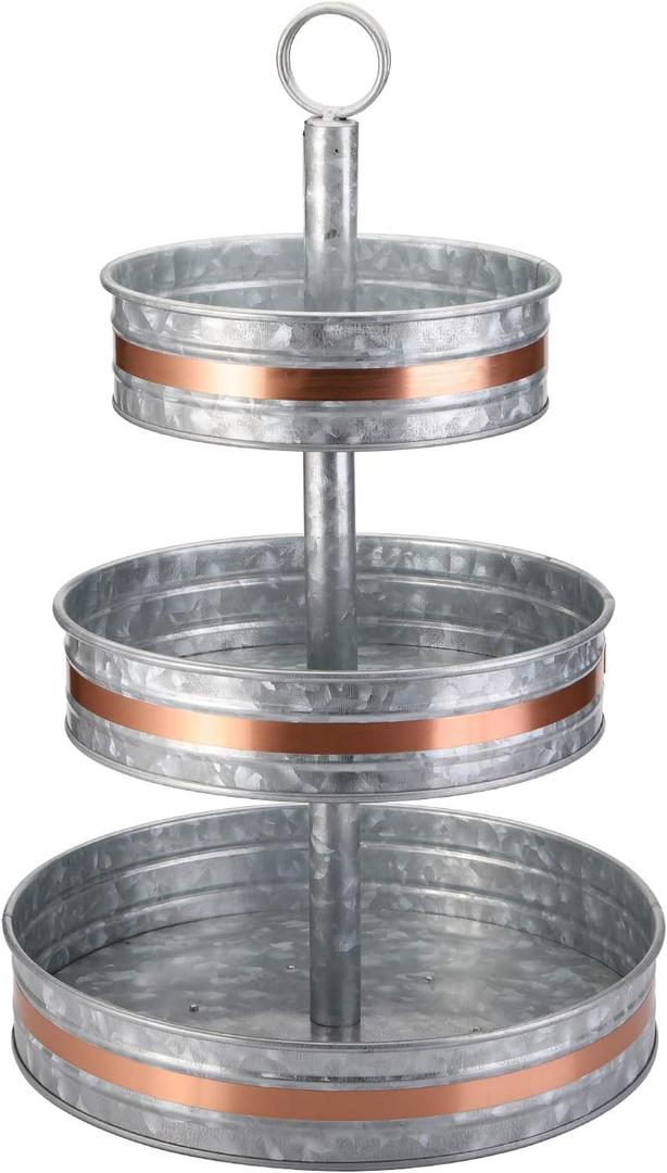 Cedilis Three Tiered Serving Stand, Rustic Metal Cupcake Stand, Farmhouse Galvanized Tiered Serving Tray for Dessert, Appetizers, Fruit, Decorated for Fall