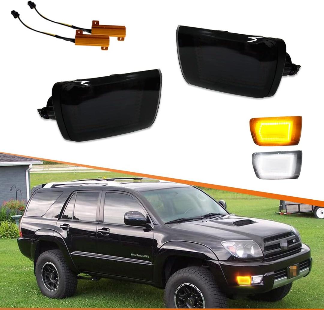 ADIIL Smoked Switchback LED Front Bumper Turn Signal Light Fog Lamp For 2003- 2005 Toyota 4Runner, (2PCS Turn Signal Lamp DRL, Smoked Lens Switchback(Amber & White) Lights