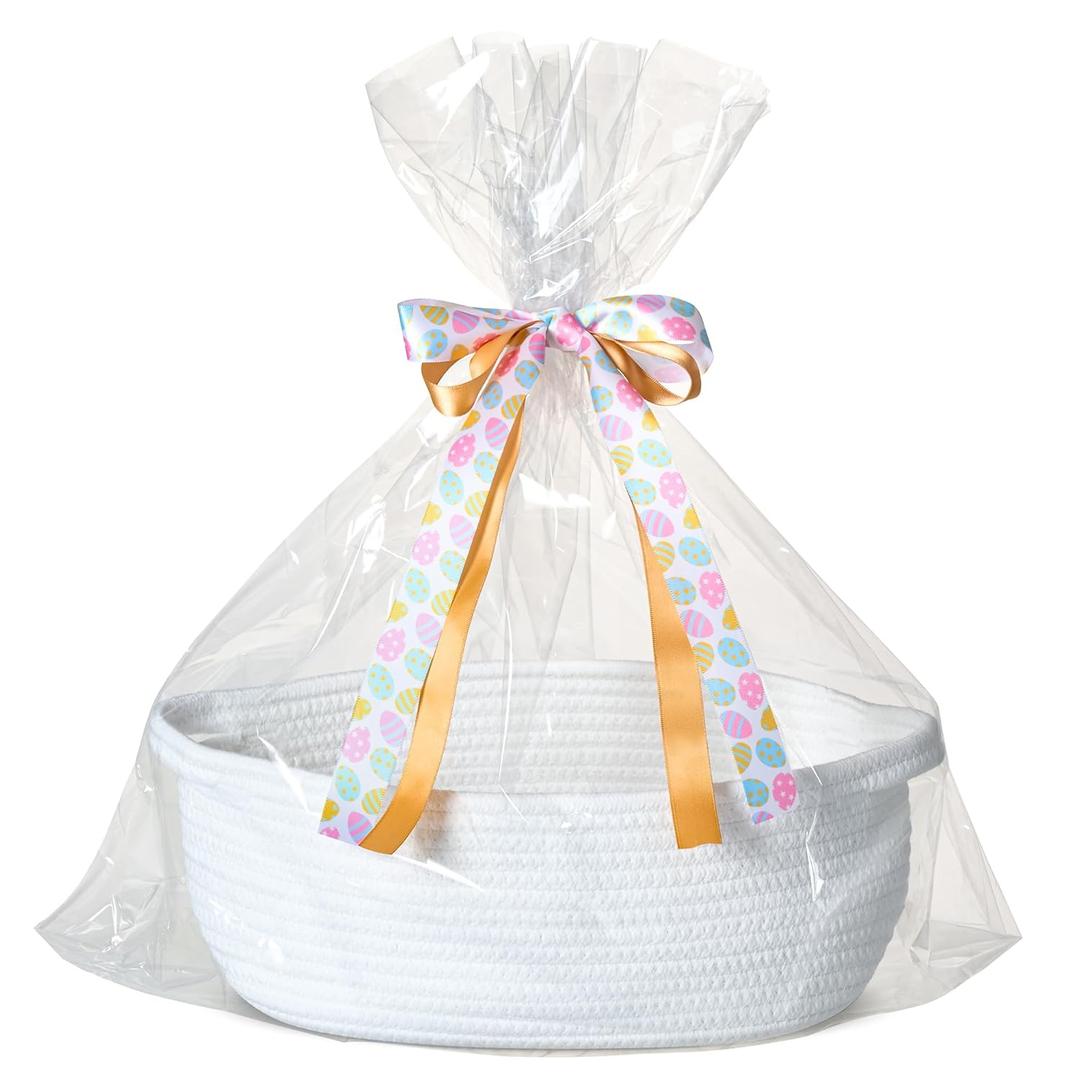 Small Woven Easter Basket with Gift Bag and Ribbon  Empty Burr Basket for Gifts, Baby Shower, & Birthdays  Decorative Rope Storage Organizer for Shelves, 12"x8"x5", White