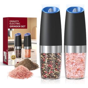 Battery Operated Salt And Pepper Grinder Set with LED Light, Automatic Electric Gravity Salt And Pepper Shakers Set, Each 4 AAA Batteries Needed, Adjustable Roughness, 2 Pack (Black)