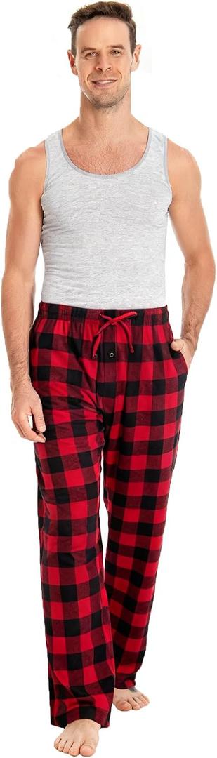 Men's Plaid Cotton Loungewear Pyjama Pants Flannel/Nightwaer PJ Bottoms with Pockets and Button Fly，Size Small