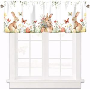 Easter Valances for Kitchen Windows, Easter Egg Bunny Valance Window Treatments Farmhouse Rod Pocket Small Short Curtains for Living Room Bedroom Decor 42x12 Inch (Sy-fhj0032)