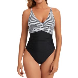 Womens One Piece Swimsuits Tummy Control Bathing Suit Slimming V Neck Front Cross Ruched Swimwear (Black)