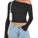 Zeagoo Womens Long Sleeve Off The Shoulder Casual Crop Tops Boat Neck Going Out Slim Fit Winter T Shirts 2024 Black