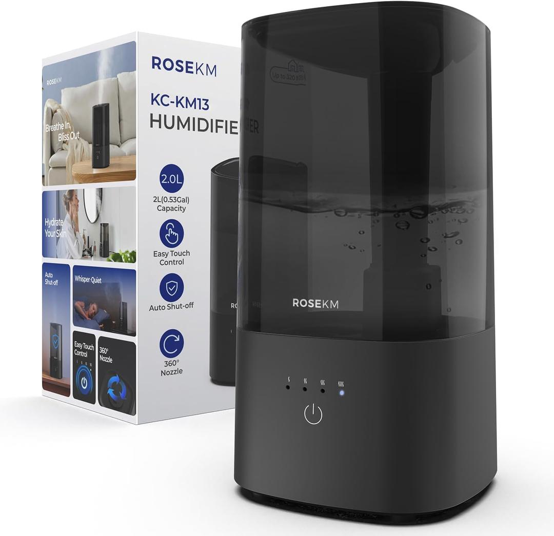Rosekm Room Humidifier - Ultrasonic Humidifier Silent Cool Mist Humidifier for Plants, Baby, Bedroom, with 360° Rotating Nozzle, No Filter, Auto Shut-off, Black