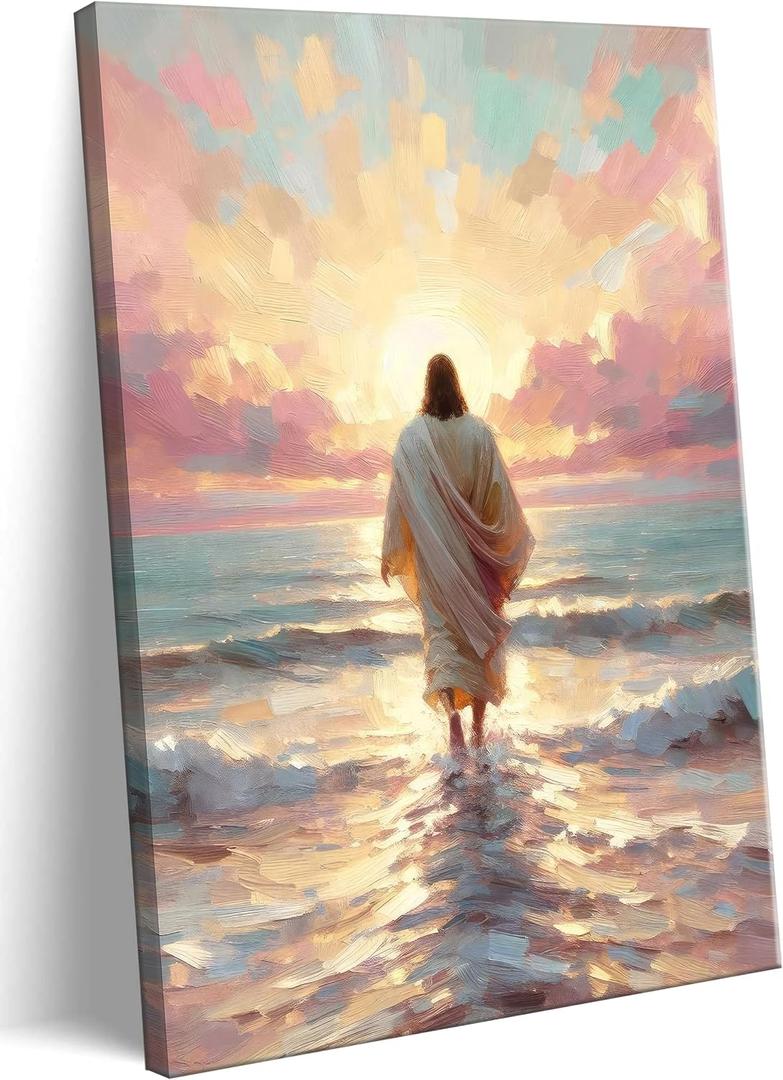 Pink Jesus Walking On Water Canvas Wall Art Christian Bible Paintings Prints Religious Spiritual Faith Wall Decor Religious Savior Posters Pictures for Living Prayer Church Bedroom Framed, 24"L x 16"W