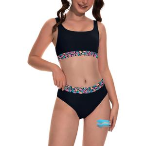 Beautikini Period Swimwear for Teens Two Piece Menstrual Leakproof Swimsuit Bikini Set Mid Waist Print Bathing Suit for Girls (Small, Black)