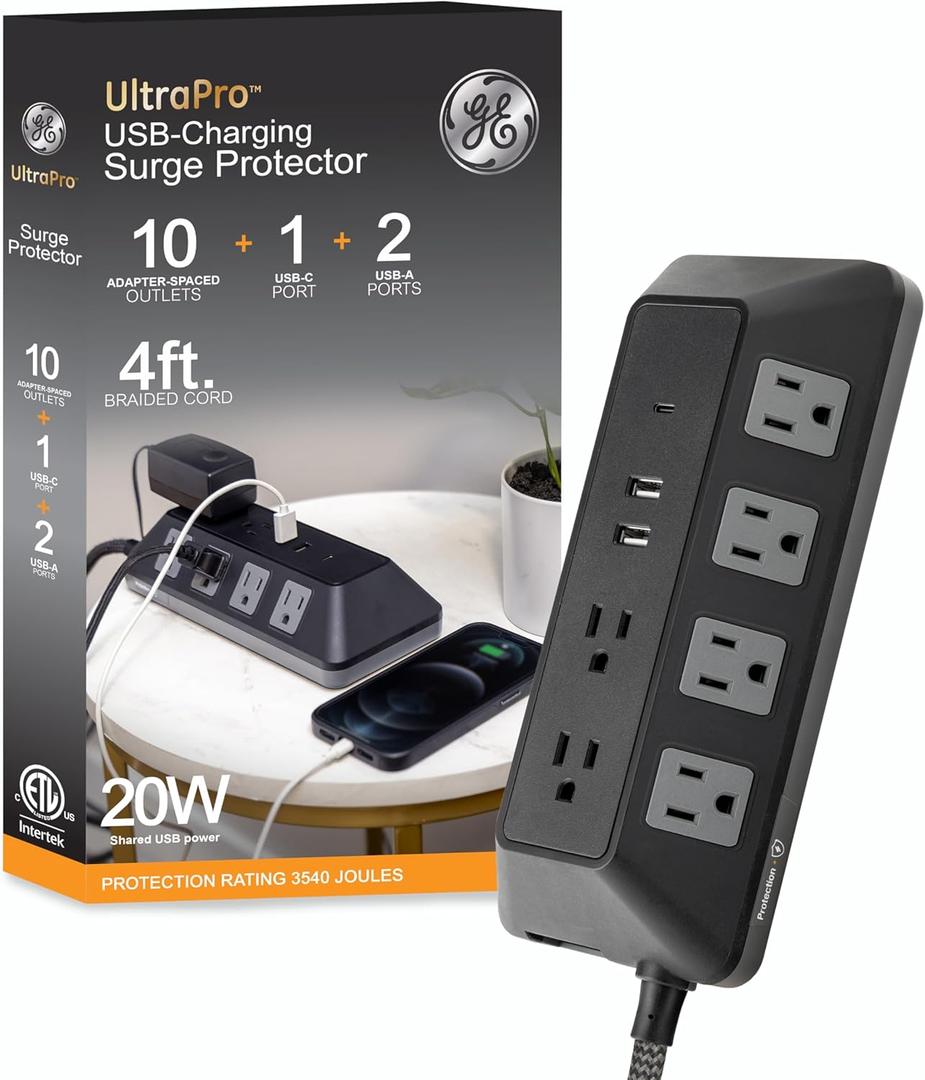 GE UltraPro 10-Outlet Surge Protector with USB, 2 USB-A, 1 USB-C, 4 Ft Braided Extension Cord, Multi Plug Outlet Extender, Adapter Spaced, Flat Plug, 3540 Joules, Charging Station, Black, 81785
