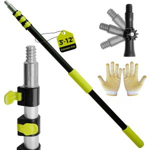 3-12ft Telescopic Extension Pole,Multi-Purpose Extension Pole with 180 Universal Thread Head, Black Oxide Aluminum Extendable Pole with Flip-Lock, for Painting,Dusting,Window Cleaning