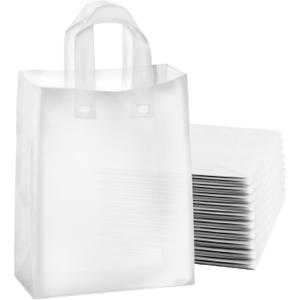 Frosted Shopping Bags with Handles and Cardboard Insert - 10" W x 13 H " x 5" Side Gusset, 50 Pack - Durable & Reusable
