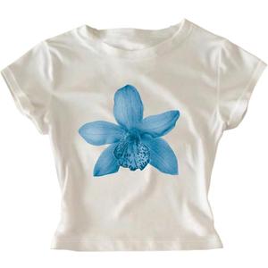 RoseSeek Women's Y2K Floral Graphic Tees Shirts Short Sleeve Crew Neck Summer Crop Tops Size M