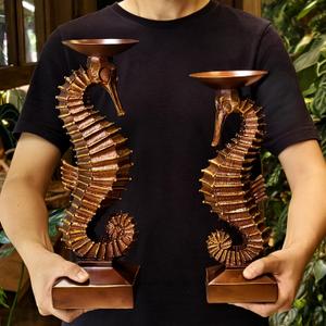 15H Antique Bronze Seahorse Candle Holder 2 Pcs Statue Elegant Home Wedding Table Ocean Seaside Decor Saltwater Fish Coastal Nautical Bygone Era Theme Presents for Sea Marine Magical Things Lovers