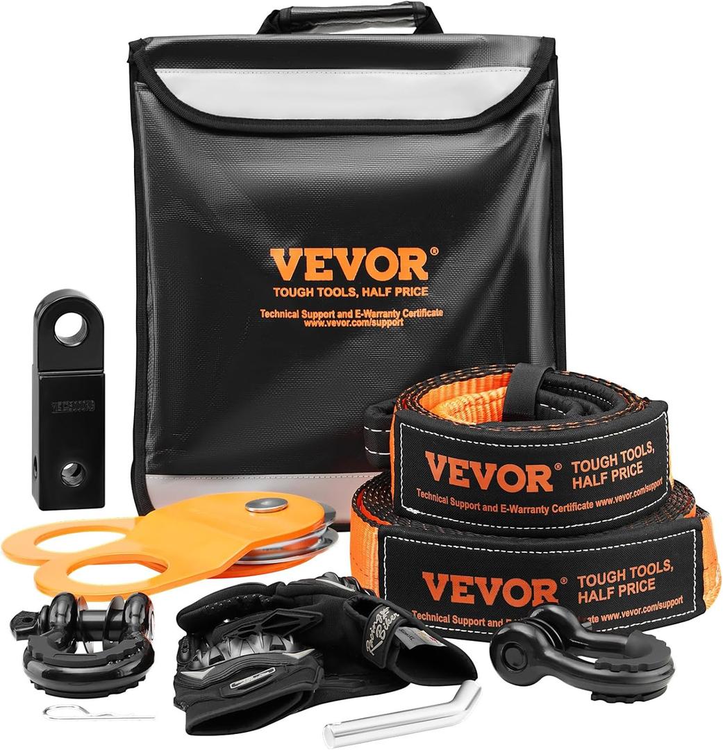 VEVOR Off-Road Recovery Kit, 3" x 30' Tow Straps Heavy Duty with Hooks 30,000 lbs Winch Strap Kit, 44092 lbs D-Ring Shackles, Shackle Receiver, Snatch Block Pulley, Gloves, Storage Bag for ATV Jeep