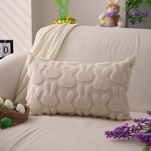 DFXSZ Easter Pillow Covers 12x20 inch Easter Decoration Beige Rabbit Soft Plush Faux Fur Jacquard Throw Pillows for Bedroom Sofa Holiday Festivals Home Decor FHJ-013C12