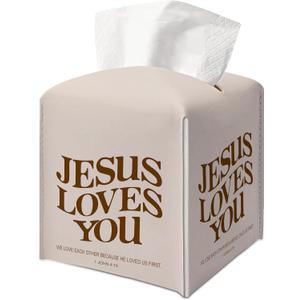 Christian Bible Tissue Box Cover Jesus Loves You 1 John 4:19 Bible Verse Religious Decorative Aesthetic Square Faux Leather Tissue Box Holder Dispenser, 5.3x5.3x5.3 Inch