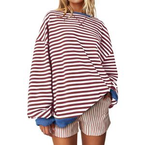 UEU Women Oversized Striped Crewneck Sweatshirt Long Sleeve Color Block Pullover Tops Casual Loose Workout Shirt (X-Large)