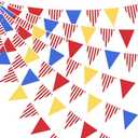 32Ft Red Blue Yellow Carnival Party Decorations Red Striped Carnival Circus Clown Triangle Flag Pennant Bunting Banner Fabric Garland Streamers for Kids Birthday Baby Shower Outdoor Decor Supplies