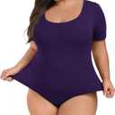 Lastshe Women Plus Size Bodysuit Short Sleeve Scoop Neck Casual Slim Fit Stretchy Bodysuits (Purple, XXL)