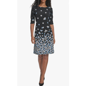 Tommy Hilfiger Women's 1/2 Sleeve Boat Neck Cotton Shift Mini Dress, Black/Breeze, Size 14