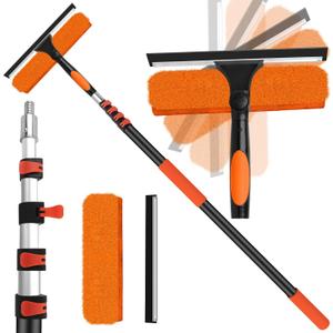 26FT High Window Cleaning Kit with Pole,2 in 1 Window Squeegee,5-20FT Professional Window Clean Pole Kit(2 Squeegee & 2 Microfibre Cloths),180Rotatable Squeegee for Indoor/Outdoor High Windows